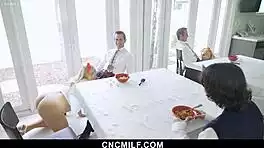 Thick curvy milf lets young guy use her body during chores