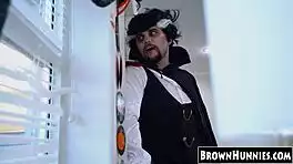 Chocolate Ebony Teen Beauty's Pussy Gets Halloween Treat In Stockings