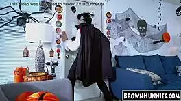 Chocolate Ebony Teen Beauty's Pussy Gets Halloween Treat In Stockings