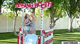 blonde babe bends over kissing booth for deep rimjob and pussy licking surprise