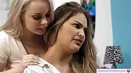 petite blonde neighbor gets shaved pussy oral massage from brunette masseuse