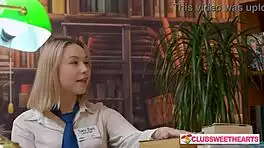 in the library, sweethearts ignite lesbian lust with wet licks and scissoring