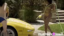 Sexy Petite Ebony Milf Big Tits Ass Washes Acura NSX in Garage