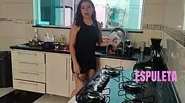 Brunette Wife Aids Friend's Steamy Handjob While Alone