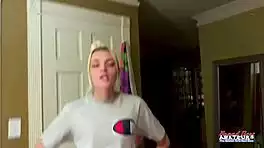 I strip naked, rub my small tits and stroke this hard cock