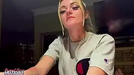 I strip naked, rub my small tits and stroke this hard cock