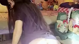 Petite exotic brunette with long hair does afternoon STRIP TEASE ripping clothes in stockings teasing small tits ass