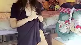 Petite exotic brunette with long hair does afternoon STRIP TEASE ripping clothes in stockings teasing small tits ass