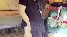 Petite exotic brunette with long hair does afternoon STRIP TEASE ripping clothes in stockings teasing small tits ass