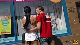 hunt4k. young brunette chick rides cock pov next to her watching cuckold