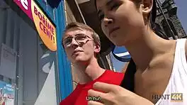 hunt4k. young brunette chick rides cock pov next to her watching cuckold