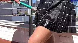 Erotic patio threesome barefoot miniskirt girls deliver sloppy footjobs toes sucking big dick wet dreams