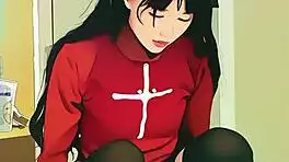 uh oh my tiny asian pussy stretching on this huge dildo it's too big i can't... ai generated fun