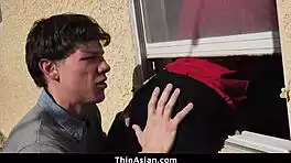 two horny guys ravage cute asian pizza girl's tight pussy rough threesome