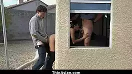 two horny guys ravage cute asian pizza girl's tight pussy rough threesome