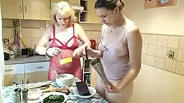 Bisexual cute teen and sexy milf kiss naked in kitchen fingering tight pussies outdoor taboo play