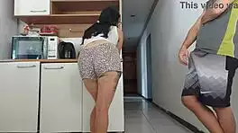 Risky kitchen fuck with hubby's friend while he's showering!