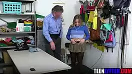 Horny blonde teen shoplifter begs mall cop to rip clothes and fuck