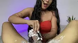 latina shaves smooth then jerks massive throbbing cock hard