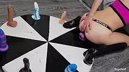 Wheel of dildos spins for her wild anal orgasm win