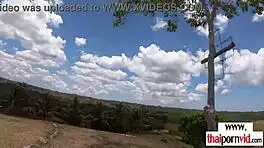 cute petite thai teen sucks massive white cock outdoors