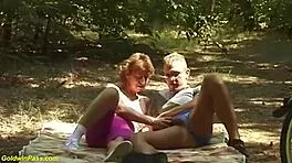 71-year-old redhead endures rough outdoor doggystyle biker pounding