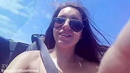 Flashing my perky tits and wet pussy from topless sports car in public thrill