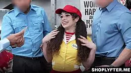 Petite Thief Bends for Security Gangbang Escape