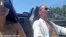 Flashing my perky tits and wet pussy from topless sports car in public thrill