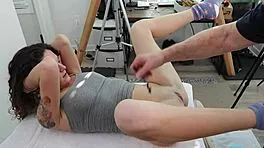 check out this sexy brunette getting shaved then pounded backstage