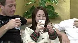 Japanese coed slurps two monster cocks hungrily