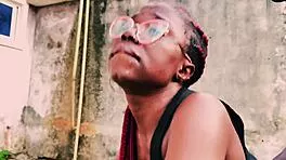 Petite biker babe stands on bike taking hard public garage fuck from man!