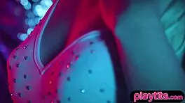 Tempting blonde milf strips wet petite body naked