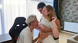 Stepfather and busty babe pop stepsons cherry in wild threesome mmf 😈🍆💦