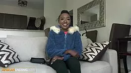 Innocent skinny ebony model deepthroats big black cock in fake casting face fuck