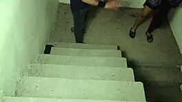 guy pounds big tits babe tight pussy on stairs close-up