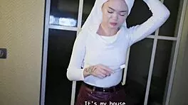 Pretty Russian teen fucked hard for squatting in my friend's house all day long