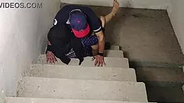 guy pounds big tits babe tight pussy on stairs close-up