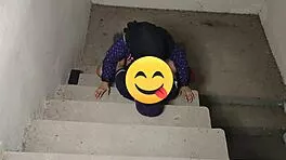guy pounds big tits babe tight pussy on stairs close-up
