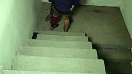 guy pounds big tits babe tight pussy on stairs close-up