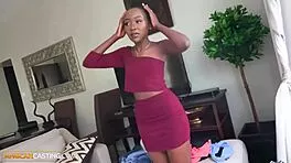 Innocent skinny ebony model deepthroats big black cock in fake casting face fuck