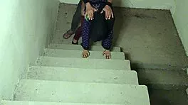 guy pounds big tits babe tight pussy on stairs close-up