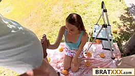 Tiny tanned brunette bends over for massive cock deepthroat and outdoor pounding