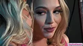 Blonde devours shaved pussy then straps on for stepsis pounding