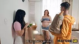 mature guy joins young redhead and pregnant neighbor for wild bisexual threesome