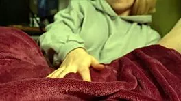 tv time with neighbor turns into ruined handjob orgasm mess