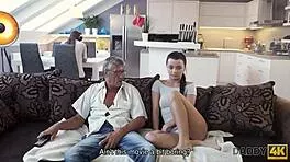 Skillful Old Man Pounds Comely Czech Brunette on Sofa
