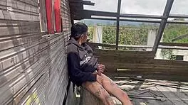 daring guy cums naked risky near public road strangers