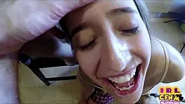 Clothed teen strokes sucks older cock to explosive facial finish