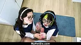 Kneeling teens devour massive cock in taboo threesome frenzy - Myhotsis